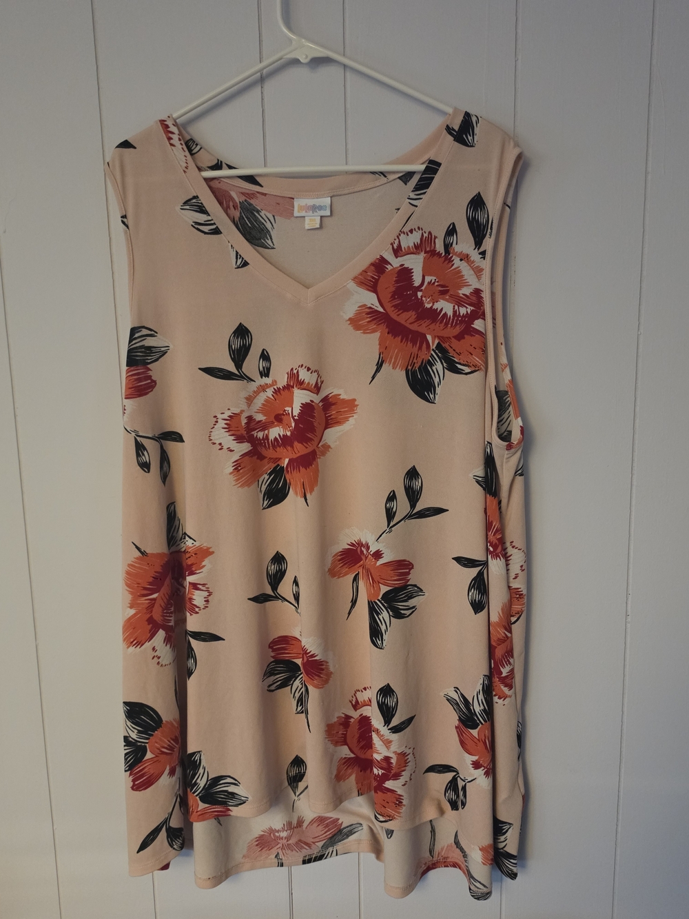 LuLaRoe Peach Floral V-Neck Tank with Orange and Black Print